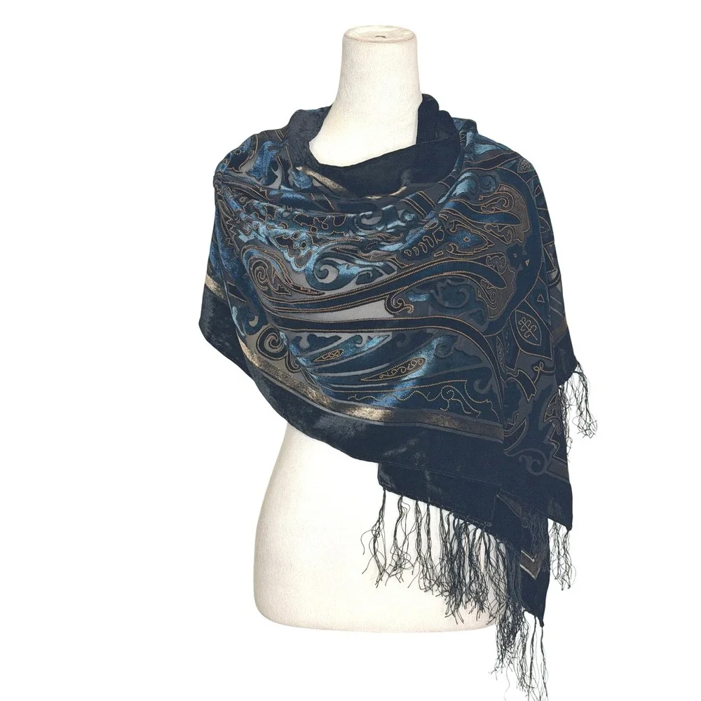 Vintage Italian Silk Blend Velvet Burnout Paisley Scarf Fringe Boho Wrap Shawl